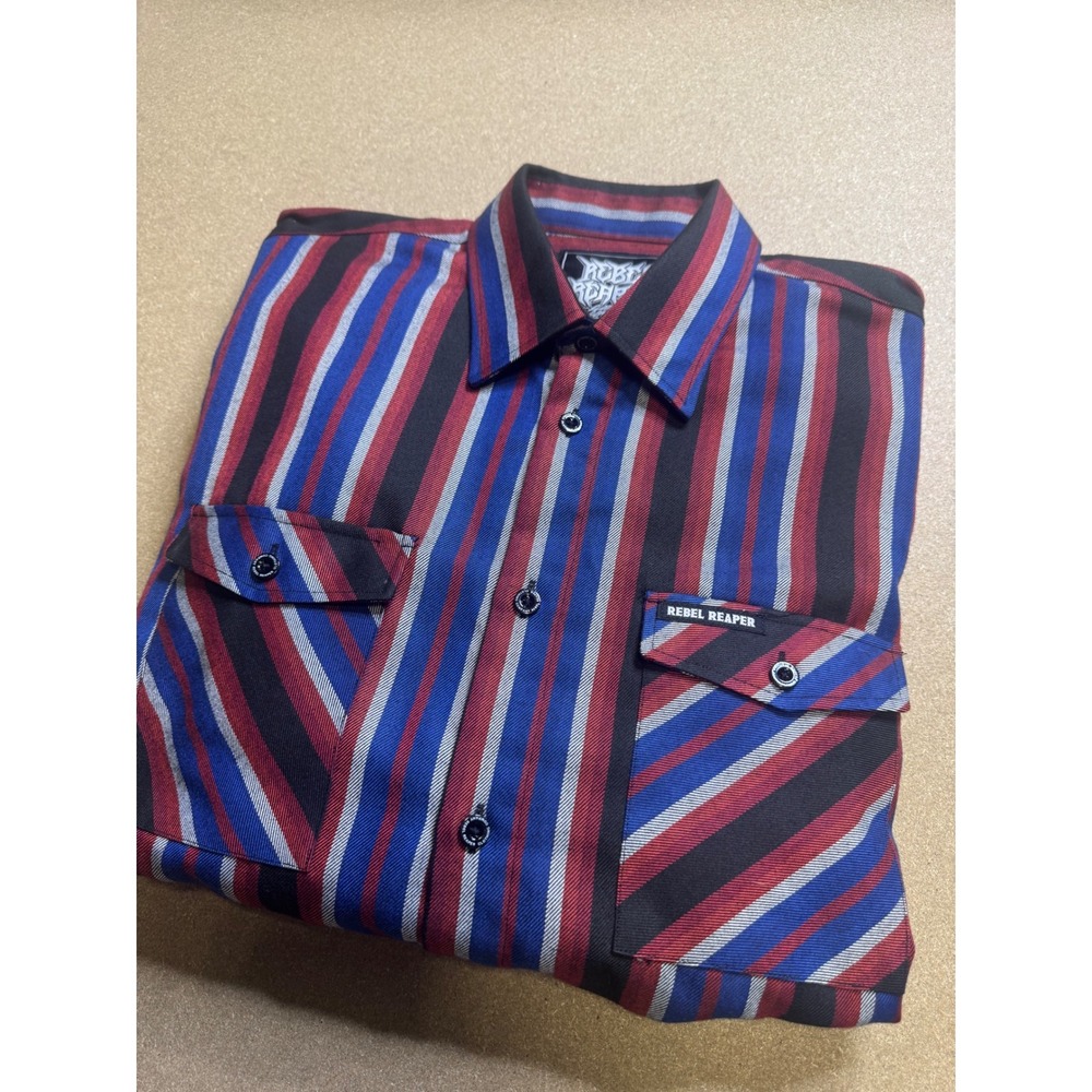 Rebel Reaper Mens Premium Flannel Shirt Red Blue Black Striped Button Up Medium